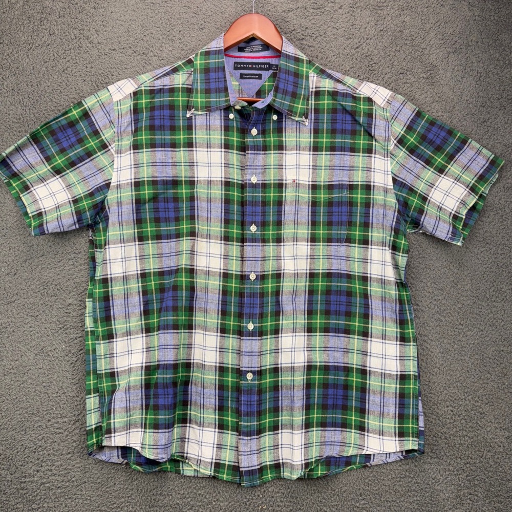 Tommy Hilfiger Mens XL‎ Green Plaid Linen Cotton Short Sleeve Button Up Shirt